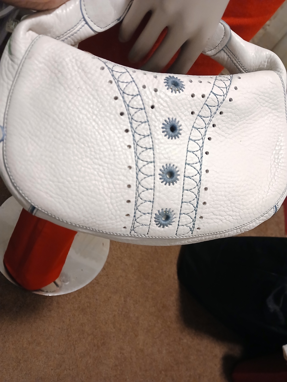 White Leather Hobo Bag with Blue Embroidered Floral Accents